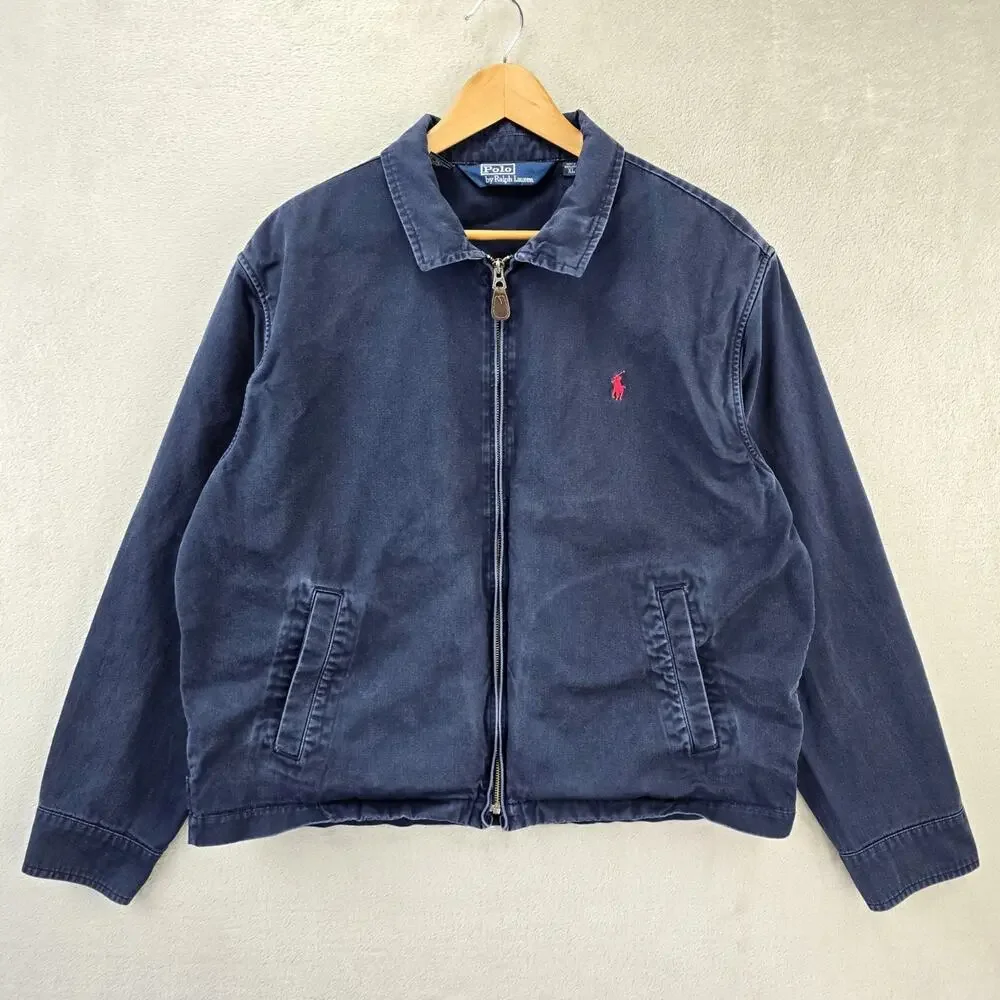 Vintage Polo Ralph Lauren Harrington Jacket Mens XL Navy Blue Plaid Collar 90s
